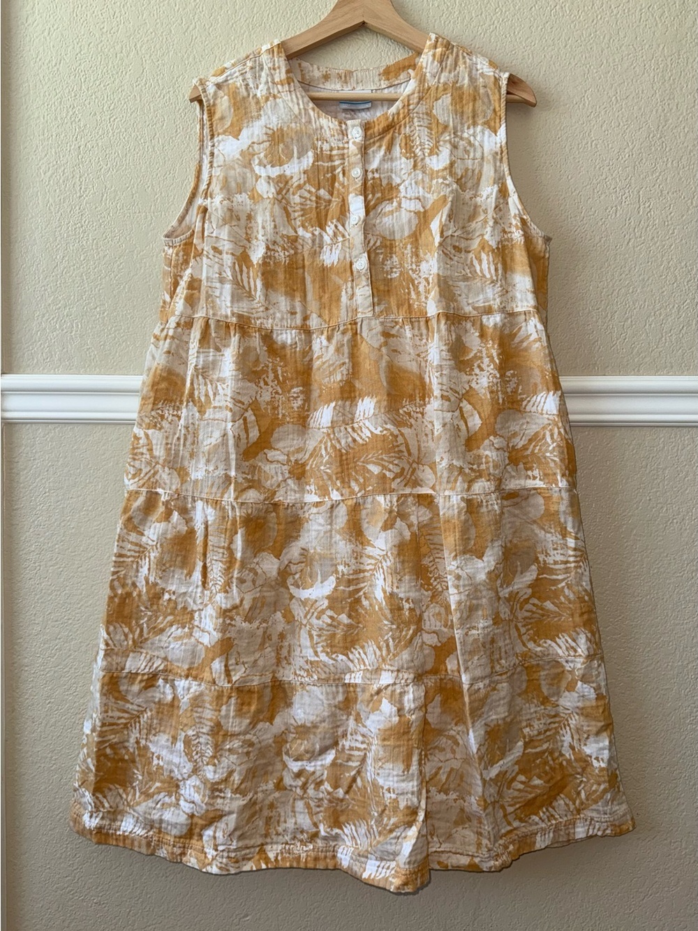 Columbia 100% Cotton Gauze Sleeveless Dress Yellow Cream Floral Abstract Large